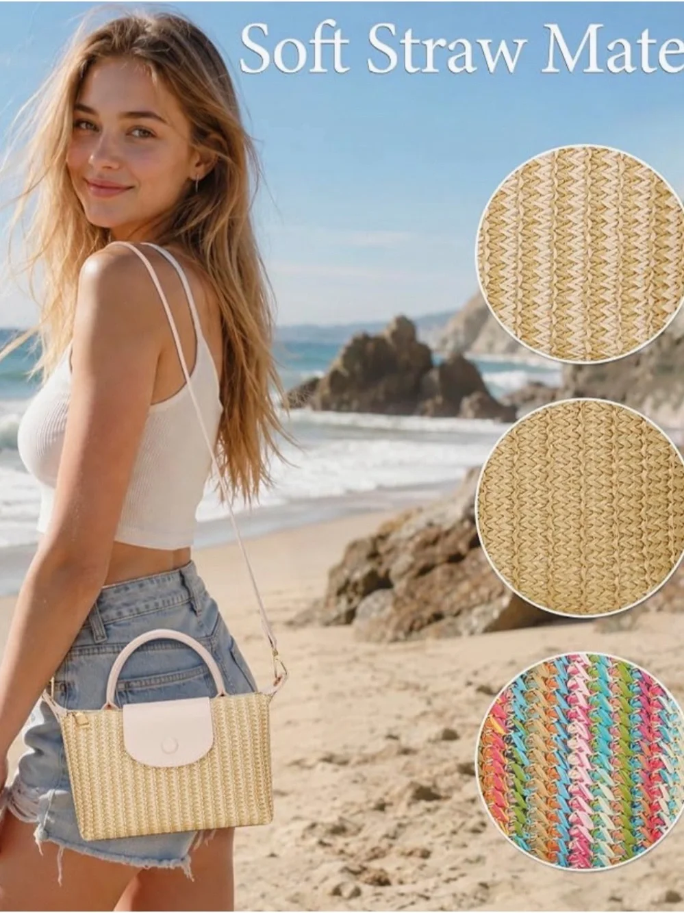 Straw Weave Top-Handle Bag in Blush Cream